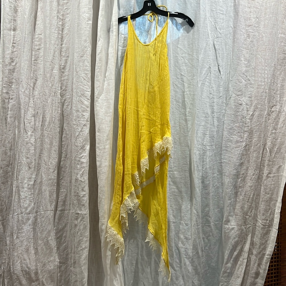 Jen’s Pirate Booty Yellow Gauze Lace Trim Halter Dress NWOT